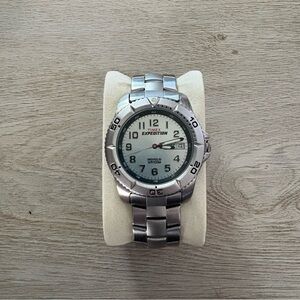 Timex Expedition Indiglo WR100M T46601 Men's Day Date Stainless Steel Works!